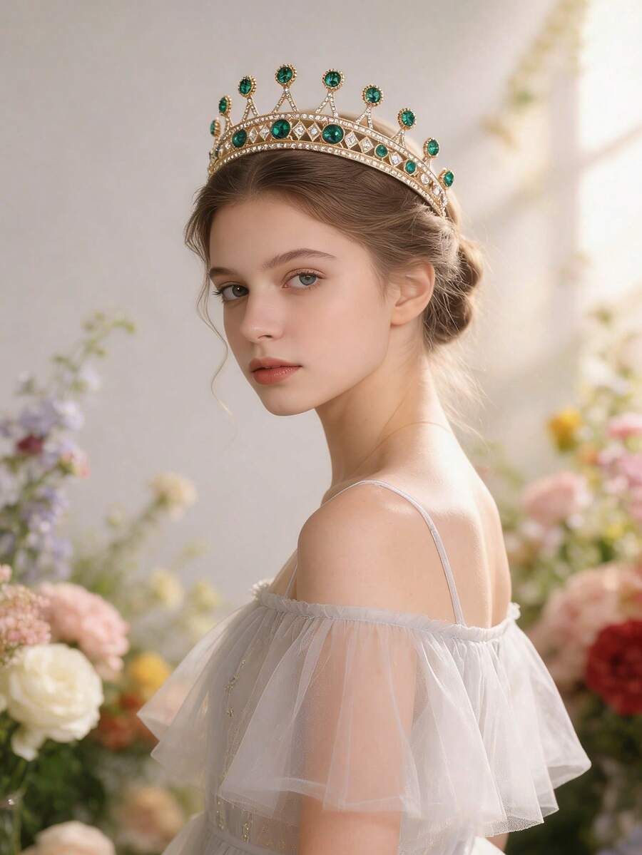 1pc European And American Bridal Bridesmaid Crown Headpiece, Alloy Crystal Tiara Hair Accessory For Evening Gown, Princess Style - Green - View 1