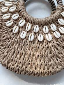Woven Shell Beach Bag | Detachable Shoulder Strap . Vacation Beach Bag . Multifunctional Fashion Women Handbag] Contrast Color Handle: Black And White Striped Wrapped Round Handle, Retro Eye-Catching, Comfortable Grip, Instantly Become The Focus When Traveling - Multicolor - View 9
