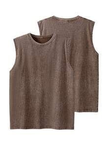 Men's Vintage Washed Tank Top Oversized Crewneck Sleeveless Casual Streetwear Soft Breathable Spring Summer Fall Gym Tee - 咖啡棕 - 查看 2