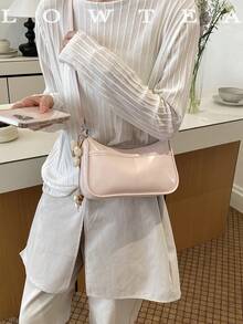 1pc Low Tea Solid Color PU Leather Shoulder Bag, Women's Retro Fashion Crescent Handbag, Top Handle Design, Zipper Closure, Detachable Adjustable Shoulder Strap, Suitable For Travel, Shopping, Dating, Women's Gift, Great For Commuting, Outdoor, Travel, Hiking (With Pendant) - Pink - View 6