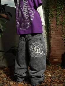 Grunge Goth Y2K 风格男士休闲刺绣宽松阔腿牛仔裤，四季皆宜，时尚街头风，个性十足，适合工作、通勤、舞台表演、朋友聚会、户外活动等场合。 - 灰色 - 查看 2