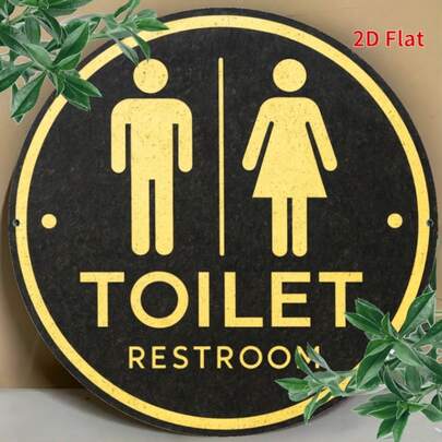 2D Flat, 1pc Unisex Restroom Sign Round Wooden Plaque, Suitable For Living Room, Kitchen, Garden, Animal Farm, Cafe, Decorative Board Gift, Suitable For Vintage Style Enthusiasts, Pre-Drilled Holes As Shown In Size