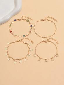4 piezas/Set Tobilleras de oro apilables de varias capas de moda, encantadoras tobilleras de estilo fiesta de playa para mujeres con brillantes de colores y borla de mariposa, adecuadas para uso diario, reuniones y viajes de vacaciones en la playa, cadena hecha a mano, el número de brillantes varía según la longitud, la disposición de los colores de los brillantes es aleatoria - Multicolor - Ver 2