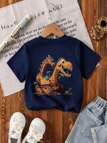 Áo thun ngắn tay cổ tròn in họa tiết phong cách thường ngày cho bé trai, thích hợp mặc mùa hè. - Màu xanh hải quân - Xem 4