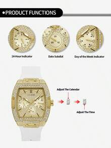 Reloj Phoenix multifunción de cuarzo con esfera dorada y correa de silicona blanca para hombres. Descubre el elegante y funcional reloj multifunción Phoenix de Guess. Con una esfera dorada y una correa de silicona blanca, este reloj es perfecto para los hombres que valoran tanto la moda como la practicidad. Mantente al día con múltiples funciones y eleva tu look con esta pieza de relojería elaborada con experticia. - Dorado - Ver 3