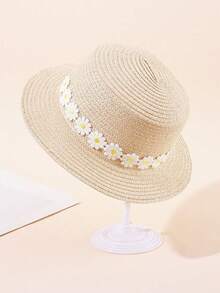 1pc Kids Girls' Daisy Decor Breathable Wide Brim Sun Hat, Children's Summer UV Protection Hat - Daisy - View 5
