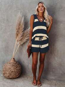 2026 New V-Neck Striped Contrast Color Knitted Vest And Shorts Casual Vacation Knit Set, Elegant And Relaxed Style, Suitable For Daily Commute, Holidays, Beach Outings Summer - Navy Blue - View 7