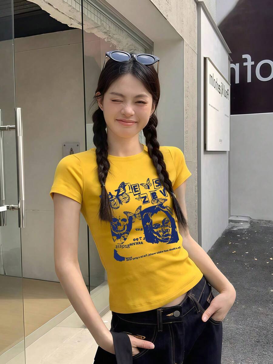 复古美式肖像字母印花圆领短袖T恤,修身显瘦,黄色性感上衣,夏季休闲之选 - 黃色 - 查看 1