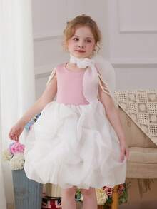 Young Girls Pearl Chain White Mesh Elegant Party Dress, Princess Dress, Pink Dress, Suitable For Girls Birthday Party, Prom, Wedding Flower Girl, Graduation, Casual Outings - Pink - View 3