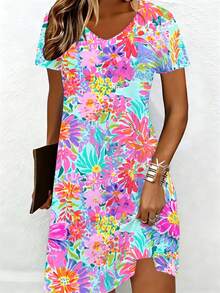 Colorful Floral Print Summer Dress With Short Sleeves And V Neckline Featuring Vibrant Pink Purple Orange And Blue Flowers On A Light Background - 彩色 - 查看 2
