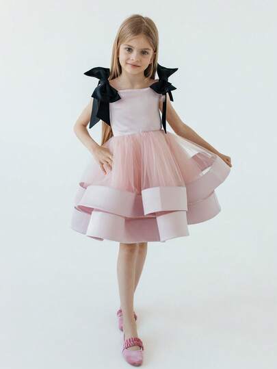 Young Girl Bow Tulle Party Dress, Princess Dress For Flower Girl, Suitable For Important Occasions, Festivals, Birthday Party