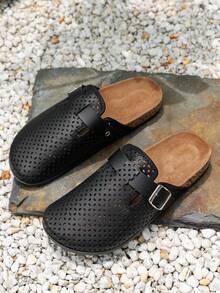 男士穆勒鞋，新款复古一脚蹬乐福鞋，休闲慵懒风，闭趾平底穆勒鞋，配有可调节绑带，有带绒内衬的秋冬款和无内衬的四季款可选。 - 黑色 - 查看 1