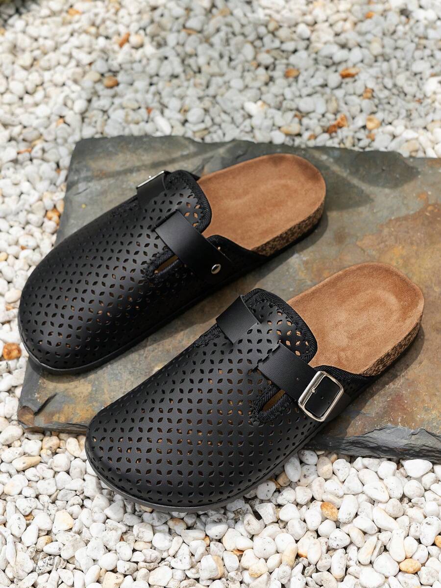 男士穆勒鞋，新款复古一脚蹬乐福鞋，休闲慵懒风，闭趾平底穆勒鞋，配有可调节绑带，有带绒内衬的秋冬款和无内衬的四季款可选。 - 黑色 - 查看 1