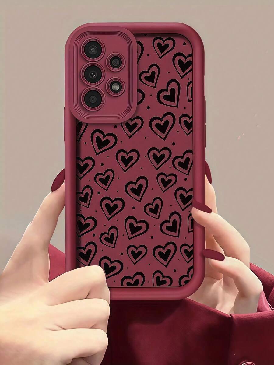 Creative Polka Dot Heart Shaped Stair Frame Phone Case Compatible With IPhone 16/17 Pro Max, Full-Body Shockproof Protective Cover, Minimalist Design, Cute Cartoon Style, Perfectly Protects Your Phone, Suitable For Honor X7/Galaxy A56 5G/ Smart 8/ Hot 40/Transsion Spark 30C/Spark Go 2024/ Note 14 5G/ Moto E22/E22i/ A54 - Burgundy - View 1