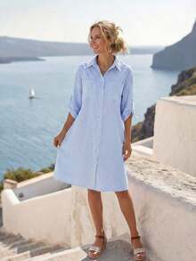Women's Striped Roll-Tab Sleeve Front Button Shirt Dress For Vacation & Leisure - Brown - View 11