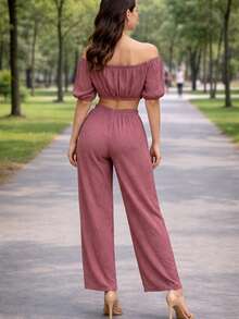 Set de dos piezas Ligero delgado Pantalón y blusa ombliguera de moda para mujer casual de uso diario de moda top corto unicolor para vacaciones - Guinda - Ver 2