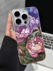 Funda de teléfono con pintura floral, nuevo agujero grande, plumas, chifón, IMD degradado, PC+TPU integrado, pintura brillante y anti-caída - Multicolor - Ver 2