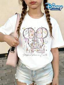 Happiest Place On Earth Disneyland Cartoon Print Summer Tops,Disney Graphic Tee, Perfect For Cute Girls. Teen Girl Gift,Tween Summer Clothes,Comfortable And Breathable Children's Short-Sleeved T-Shirt. Suitable For Both Boys And Girls.Suitable For Daily Wear, Vacations, Outdoor Activities, And As A Children's Gift. - 白色 - 查看 2