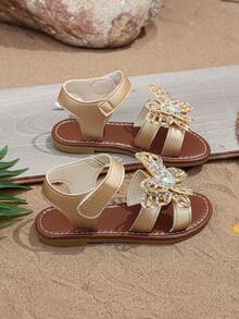 1 Pair Gold Girls' Flat Sandals, Soft & Comfortable, Colorful Bowknot Decor, Closure Round Toe, Soft Non-Slip Sole, Fashionable Bohemian Cute Princess Beach Sandals, Suitable For Daily Casual, Beach, Holiday, Party, Spring/Summer 2026 - Gold - View 5