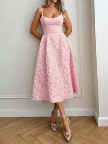 Summer Wedding Elegant Solid Color Sophisticated Lightweight Dress, Fitted Waist Spaghetti Strap Midi Dress, Pink Party,Casual Dress - 奶油 - 查看 11