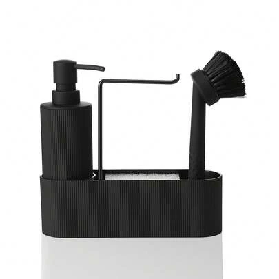 四合一厨房皂液器套装 - 现代圆形黑色条纹厨房清洁组合：皂液器/刷架/海绵架/毛巾架