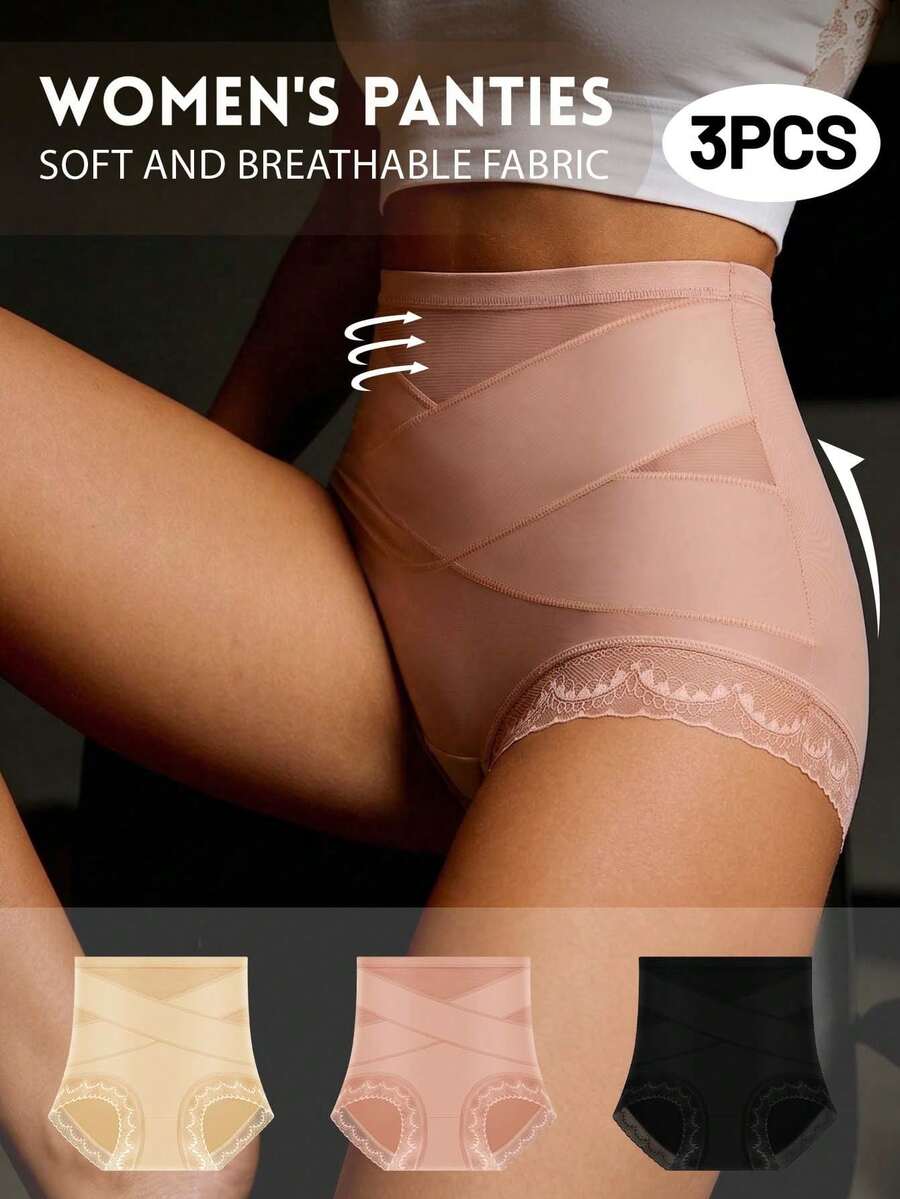 MEIYATING 3 piezas Bragas de malla transpirable con control de abdomen y encaje en la cintura alta, uso cómodo para el verano - Multicolor - Ver 1