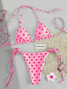 ROMWE Avant 新盛源 2026 2件套/套 新年、情人节服装，女士性感休闲可爱蓝绿色波点挂脖三角系带比基尼套装，中等弹力面料，欧美时尚，侧系带女士下装，度假海滩和游泳池，海边沙滩派对比基尼套装，夏季阳光沙滩装，冬季温泉泳衣泳裤。 - 彩色 - 查看 9