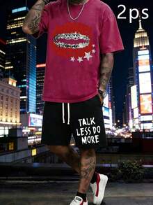 2PC Men's Streetwear "MONEY CULTURE" Grillz Mouth & "TALK LESS DO MORE" Slogan Two-Piece Washed Short Sleeve Tee & Shorts Set Summer Fashion Tracksuit Printed Pure Cotton Washed And Aged With Wax Printing Technology, Pure Cotton Men's Suit Summer Tops Summer Clothes Shirts Spring Outfits For Women Summer Graphic Tees Women - 玫瑰紅+黑色 - 查看 7