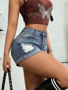 Y2K Streetwear Style Distressed FringeWomen's  Denim Rolled Hem Shorts With Pockets Beach  Night Out  Holiday  School  Vacation  Daily  Stage & Concert  Summer Outfits Vacation Outfits Womens Ummer Outfits For Women Jean Shorts Summer Outfits Jorts Black Shorts Jean Shorts For Women Y2k Bottoms Club Outfits For Women Pants Shorts Jeans Women Shorts - 中等水洗藍 - 查看 2