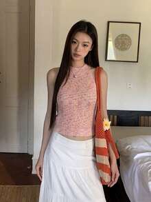 Korean Style Pink & Purple Mixed Color Marled Knit Spaghetti Strap Tank Top Women Cutout Shoulder Sleeveless Cropped Slim Fit Flattering Sexy Camisole Top Summer - Pink - View 6