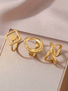 3pcs/Set Stainless Steel Minimalist Geometric Intersecting Oval Open Ring Set, Suitable For Women's Daily And Party Wear - Gold - View 6