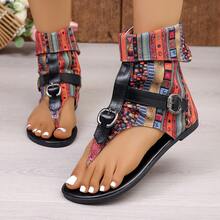 Bohemian Style Color Block Flip Flop Sandals, Retro Buckle High-Top Sandals - Red - View 12