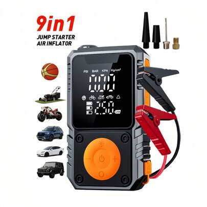 九合一多功能应急启动器，配备150PSI空气压缩机、数字胎压计、便携式汽车电池充电器，可为高达2.64加仑汽油/2.38加仑燃油的车辆供电，带有LED应急灯和USB充电功能，是一款汽车应急工具。是理想的节日礼物。