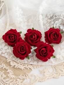5/15/25pcs Artificial Velvet Rose Flower Heads, Suitable For Wedding Party Decor, Cake Decor, Home Living Room Tabletop Decor, Fake Plants, Autumn Decor, Room Decor, Tabletop Decor, Garden Decor, Valentine's Day Bride Wrist Corsage - Red - View 3
