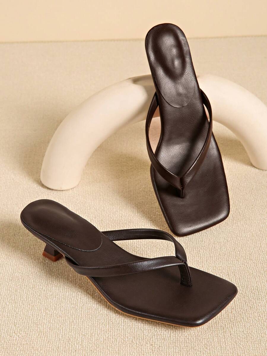 Plus Size Summer New Soft Leather Square Toe Sandals, Thong Kitten Heel Sandals, Versatile Stilettos Flip Flops For Women