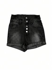 Women's Casual Denim Shorts With Front Button Straight Leg Design Moderate Stretch Summer - Dark Grey - View 4