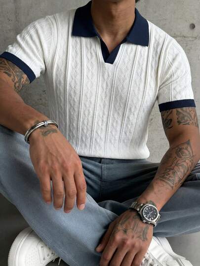  GRDR Men's Summer Seagull Collar Solid Color Short Sleeve Knit Sweater, Suitable For Summer Outings, Essential For Fashionable Styling