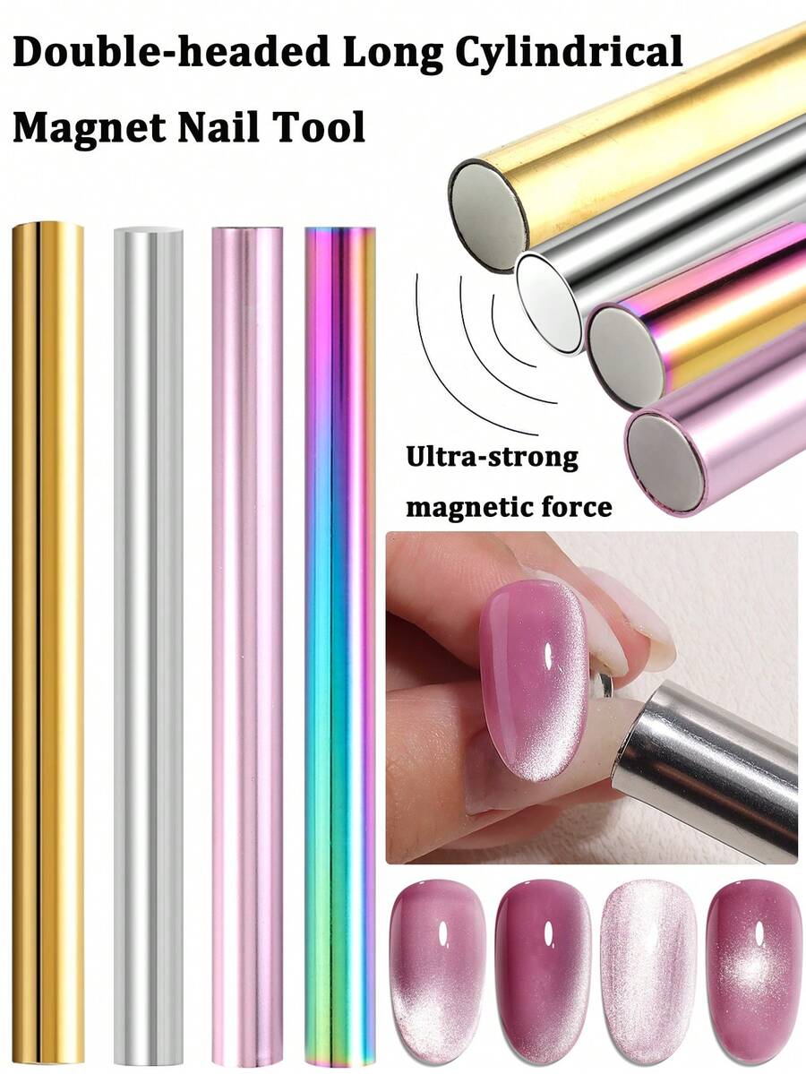 Herramientas de arte de uñas magnéticas 3D, palillo magnético de doble extremo extra largo, uñas de gel de ojo de gato magnético 3D, adecuado para salón, estudio o uso doméstico, disponible en oro, plata, brillo, rosa, 4 colores, suministros de arte de uñas, herramientas magnéticas de uñas DIY - Multicolor - Ver 1