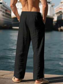 Men's Breathable Linen Loose Casual Sports Pants, Suitable Beach, Spring/Summer - 黑色 - 查看 9