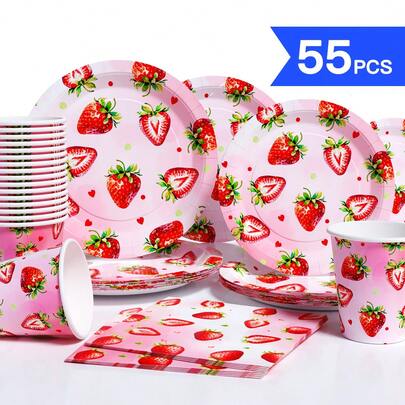 夏季草莓一次性餐盘、餐巾纸、杯子套装，包含餐盘、餐巾纸和杯子，适合10位客人使用，一次性纸盘，派对餐具，适用于生日、婚礼、聚会、家庭野餐等场合。