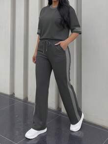 Spring/Summer Women's 2 Pieces Set, Casual Versatile Contrast Color Round Neck Short Sleeve Top And High Waist Drawstring Straight Leg Pants Elegant - Dark Gray + Gray - View 4
