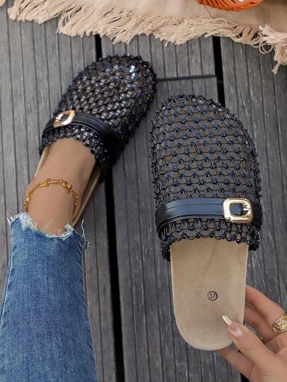 Boken Soft Bottom Flat Sandals, Casual Essential, Women's Sandals, Memory Foam, Vacation Must-Have, Women's Mesh Slide Sandals