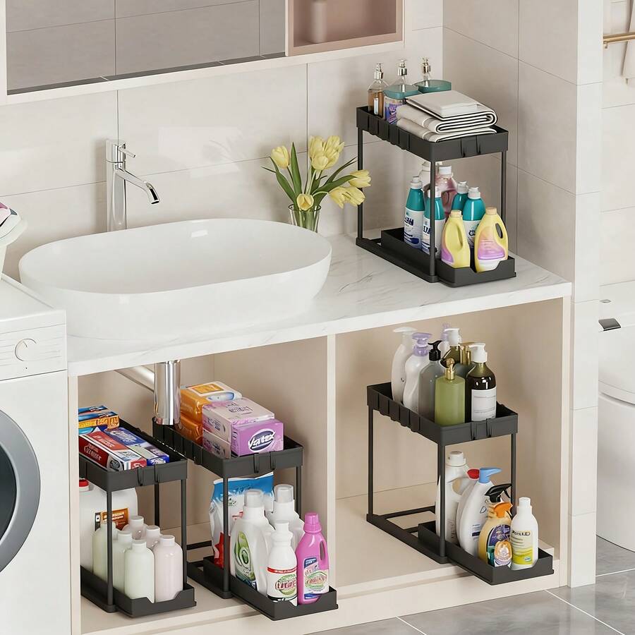 Este práctico estante de almacenamiento extraíble de dos niveles cuenta con ganchos para colgar tazas.Es versátil y se puede usar en la cocina, el baño, la lavandería o como estante de baño.Es un estante de almacenamiento para baño sin necesidad de perforar. - Panel inferior extraíble, negro *2 unidades - Ver 1