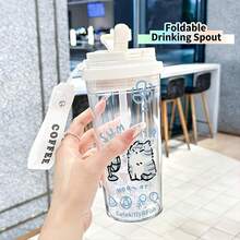 1 pieza/5pcs Botella de agua de 500ml con estampado de gato gris lindo, Body de doble pared con asa, tapa abatible a prueba de fugas, diseño de gato de verano, adecuada para oficina y escuela - Multicolor - Ver 4