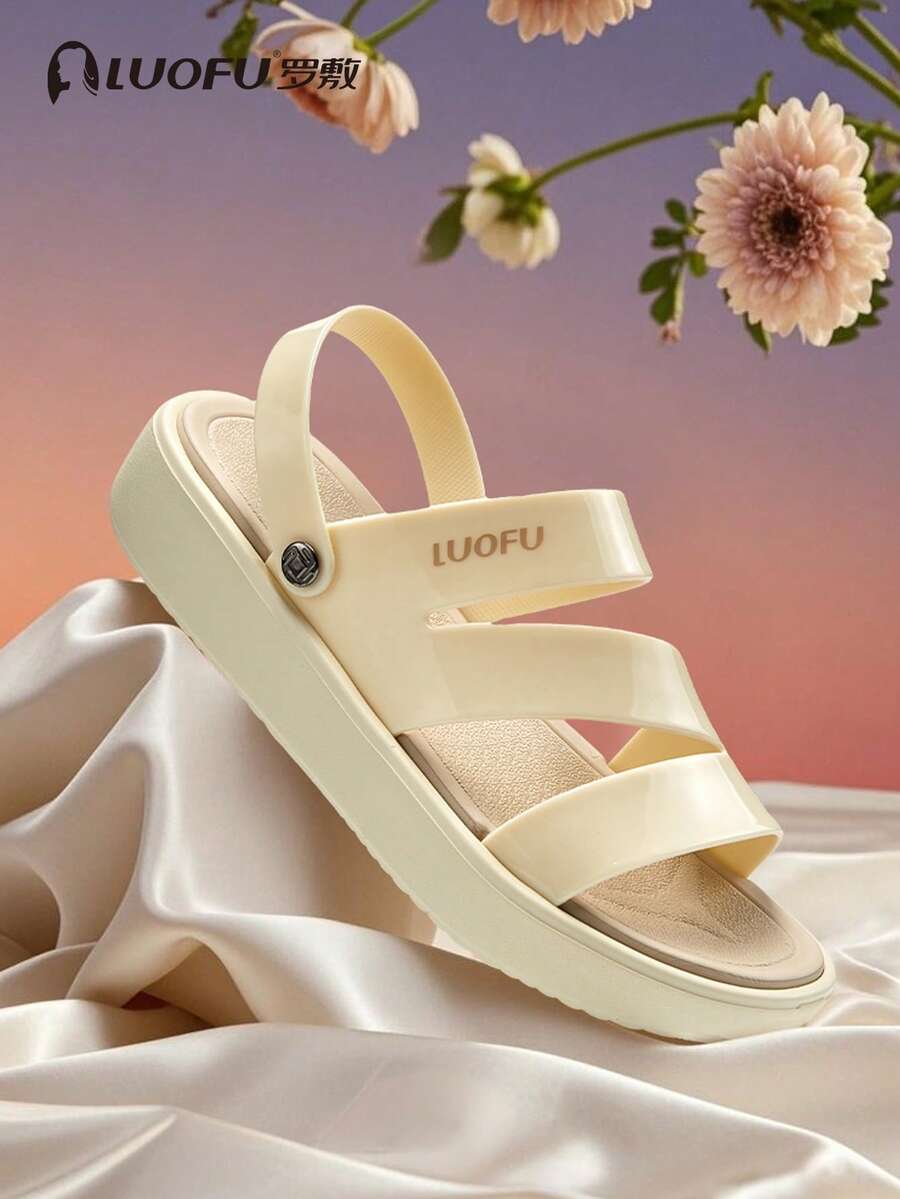 luofu Nuevas sandalias de mujer de doble uso, sandalias casuales de moda sencilla con suela gruesa antideslizante y punta abierta, sandalias de playa de moda para exteriores, sandalias planas de material EVA - Albaricoque - Ver 1
