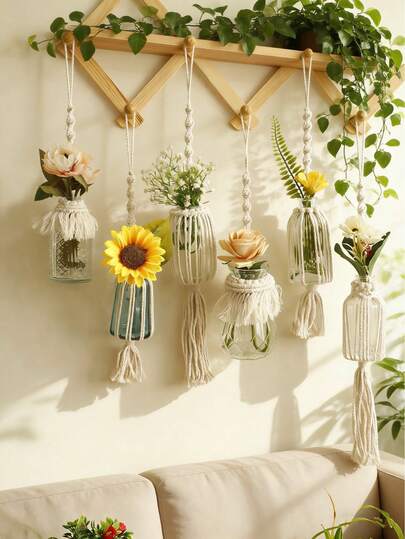 1pc Macrame Woven Glass Vase With Artificial Flowers, Macrame Vase With Tassels, Boho Style Cotton Rope Hanging Planter, Suitable For Propagating Plants, Mini Hanging Flower Pot For Window, Bedroom, Living Room, Rustic Home Decor, Hanging Hydroponics Vase With Tassel Decoration