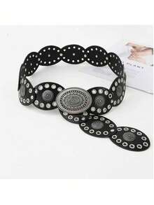 1pc White Faux Leather Grommet Waist Belt, Rivet Decor, White Oval Patchwork Belt, Silver Floral Engraved Buckle, Bohemian Style Suitable For Daily Wear - White - View 5