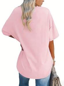 Blusa de manga corta de unicolor rosa de cuello redondo y hombros caídos para tallas grandes, de estilo casual de verano - Rosa - Ver 2