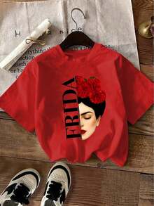 Yuega Tshrit 1pcPlus Size - Plus Size - Elegant Women'S T-Shirt| Artistic Style Side Portrait With Red Floral And "FRIDA" Print, Summer New Short Sleeve, Crew Neck, Slight Stretch FabricSummer Clothing Tops - 紅色 - 查看 14