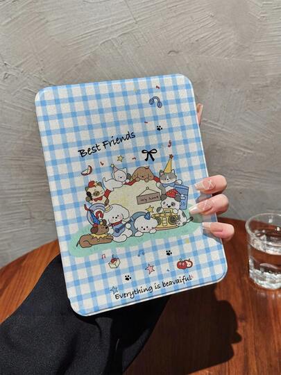 1个ins风奶油蓝格子360°旋转平面保护壳，带“好朋友”动物派对多角度支架，防刮花，精准开孔，适用于iPad 10代/Air4/5/Pro 11英寸/9/7/8代，温柔风格，适合女孩